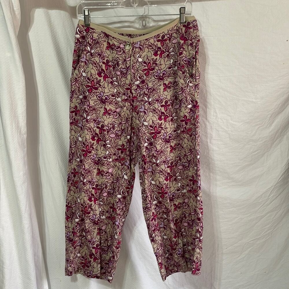 Valerie Stevens 6 capri 💯linen tan raspberry  lilac floral pants euc